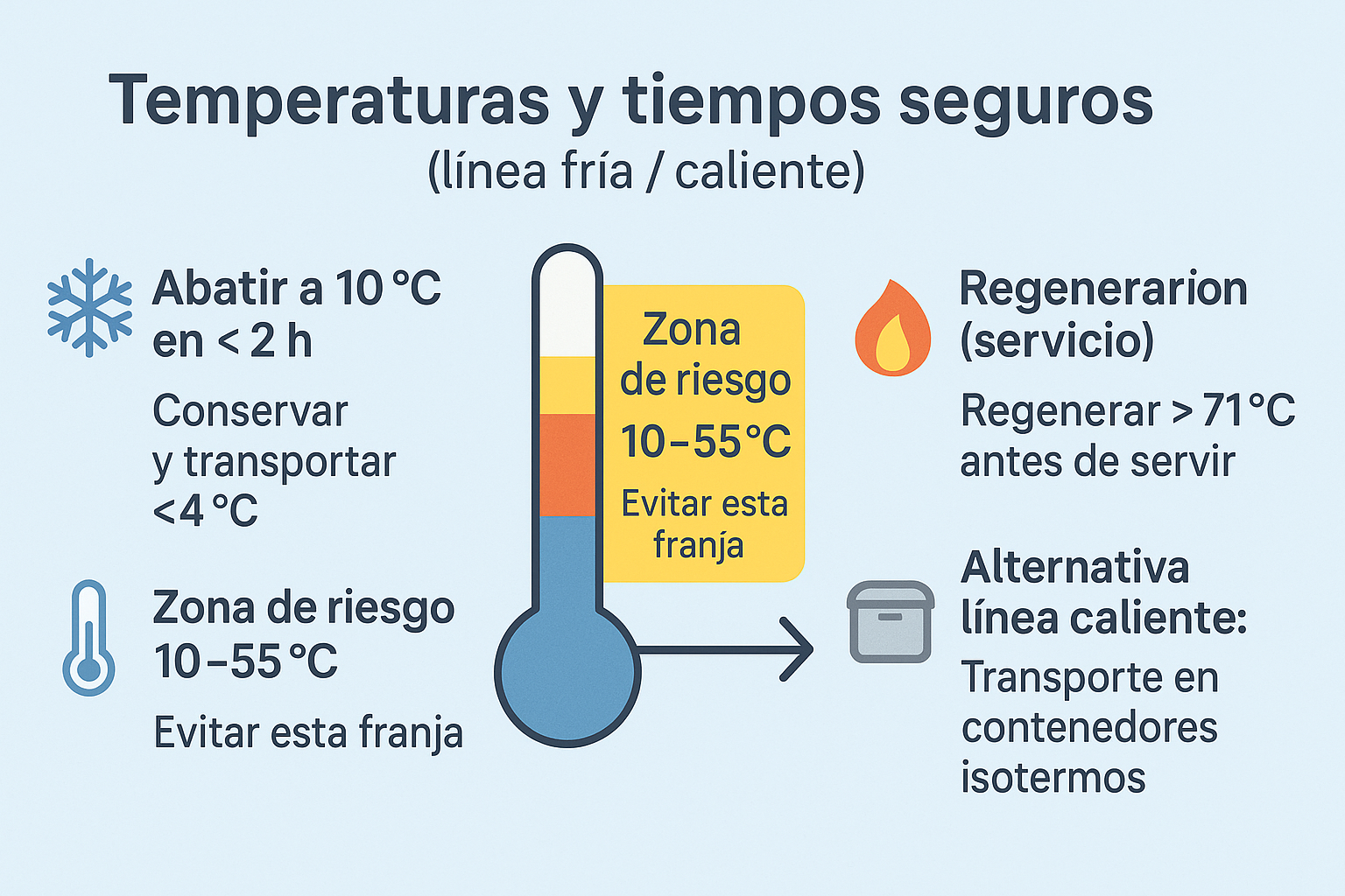Temperaturas y tiempos: zona de riesgo, abatido a 10 °C en menos de 2 horas, transporte a menos de 4 °C y regeneración a más de 71 °C