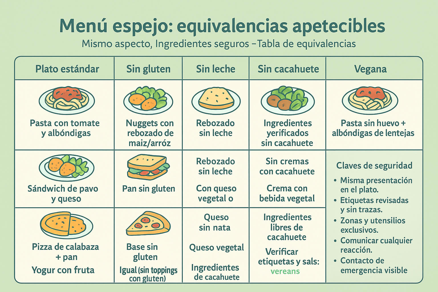 Menú espejo: equivalencias apetecibles sin gluten, sin leche, sin cacahuete y versión vegana