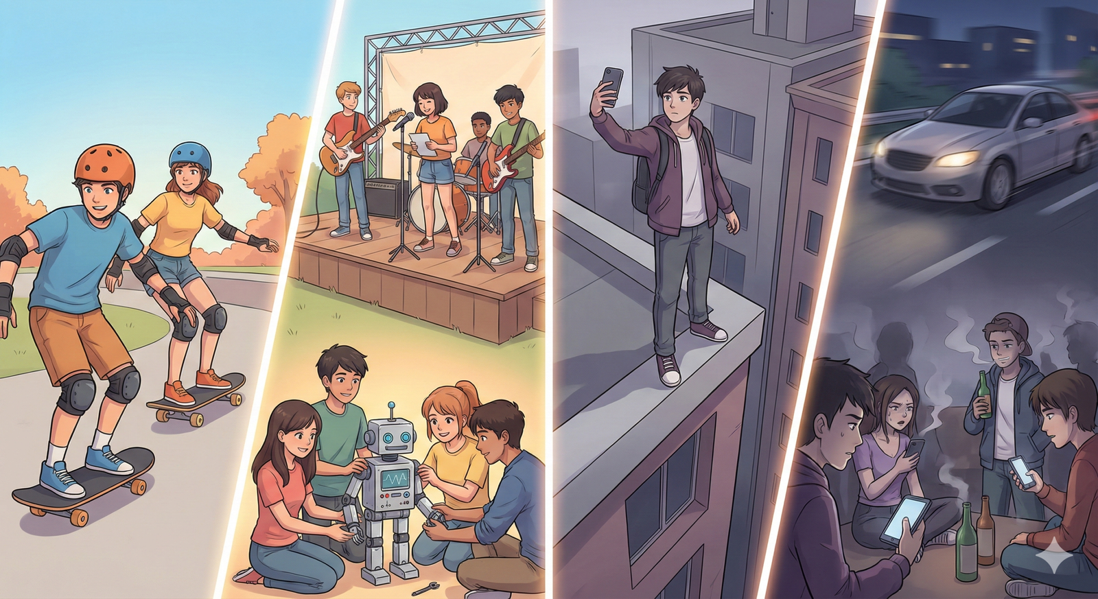 Comparación visual entre riesgos que suman y riesgos que dañan en la adolescencia