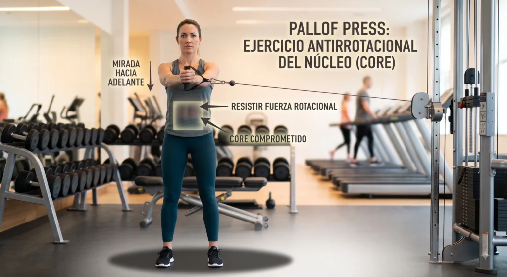 Persona adulta realizando el press Pallof de pie con banda elástica en casa
