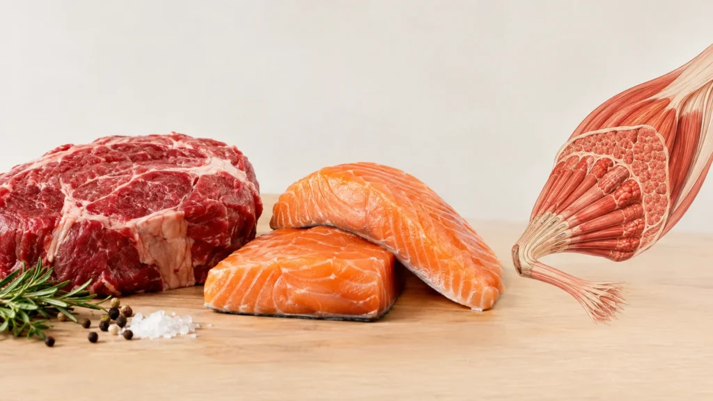 Alimentos naturales como carne y salmón junto a una representación limpia de músculo esquelético humano.