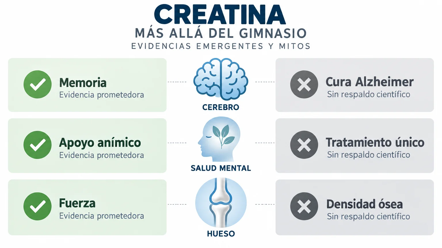 Infografía que compara la evidencia real y los mitos de la creatina en el cerebro, la salud mental y los huesos.