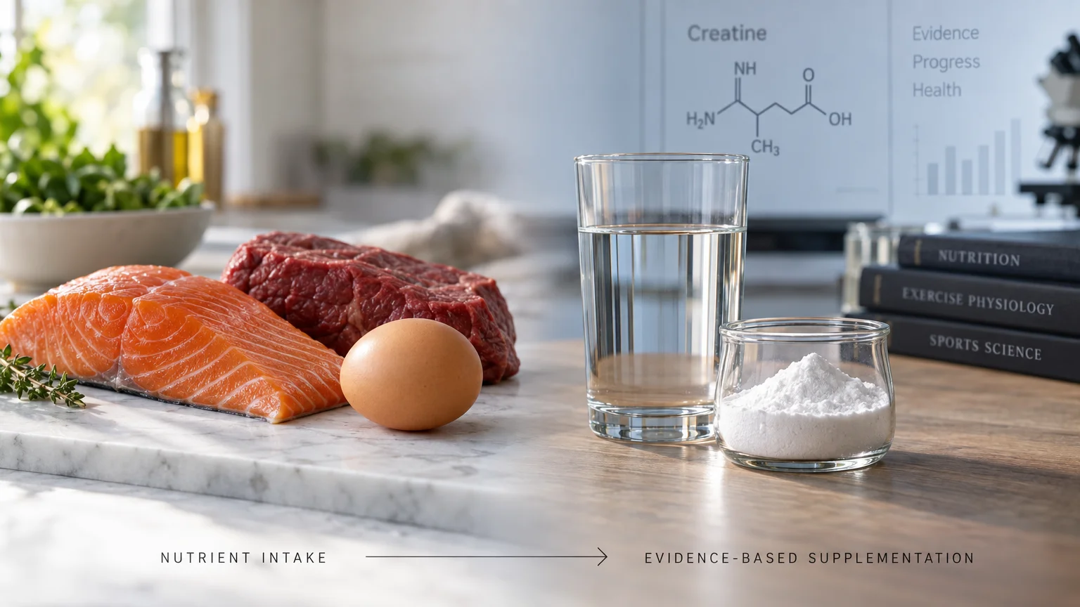 Bodegón minimalista que ilustra el equilibrio entre fuentes alimentarias naturales de creatina y el uso de suplementación