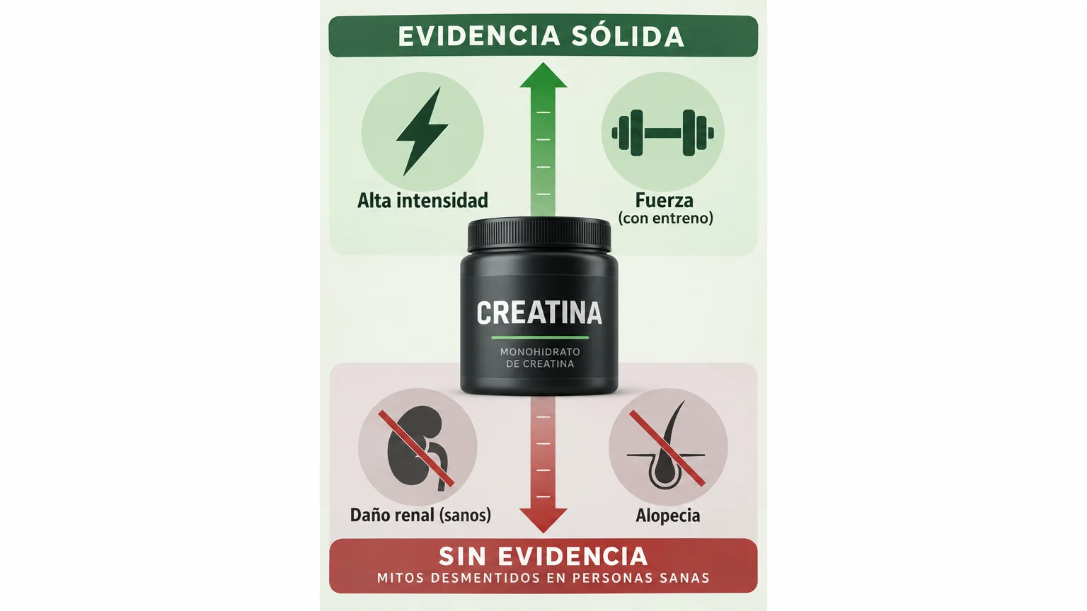 Infografía que clasifica los efectos de la creatina según su nivel de evidencia científica, situando el rendimiento y la